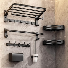 Single Bathroom Rack with Hooks (Black)